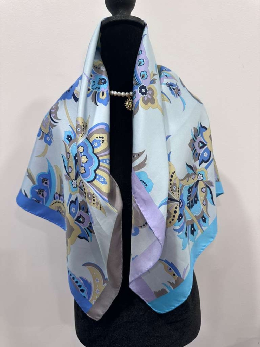 Les Copains Silk Scarf Blue White Floral Hand Rolled